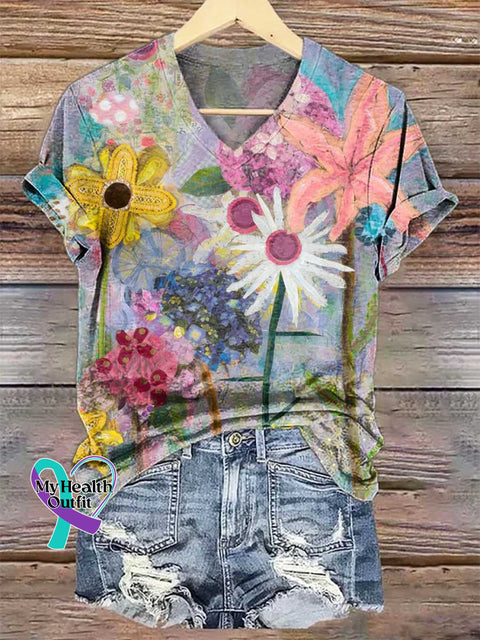 Women’s Floral V-neck Casual T-Shirt Multicolor / S