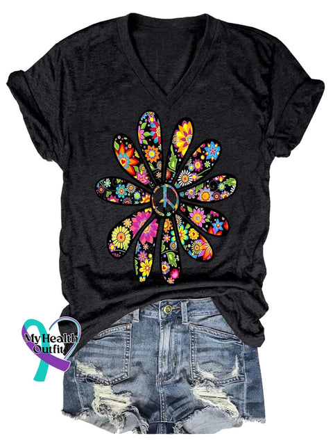 Women’s Flower Peace Sign Love and Peace V-neck Casual T-Shirt Black / S