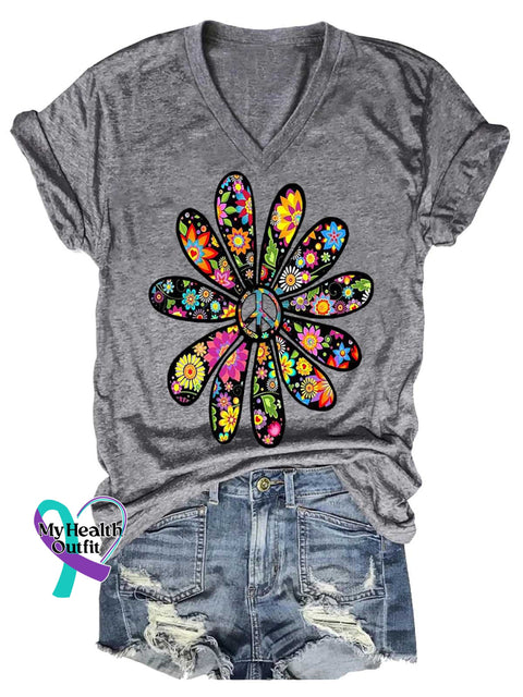 Women’s Flower Peace Sign Love and Peace V-neck Casual T-Shirt Grey / S
