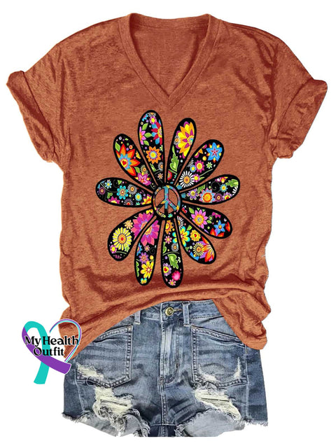 Women’s Flower Peace Sign Love and Peace V-neck Casual T-Shirt Orange / S