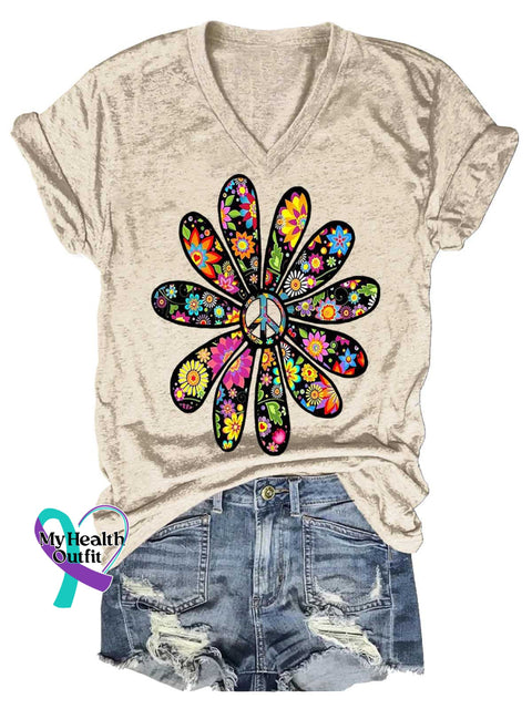 Women’s Flower Peace Sign Love and Peace V-neck Casual T-Shirt Sand / S