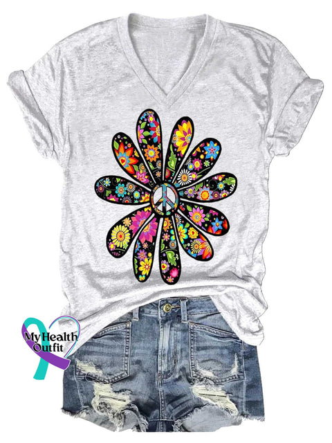 Women’s Flower Peace Sign Love and Peace V-neck Casual T-Shirt White / S