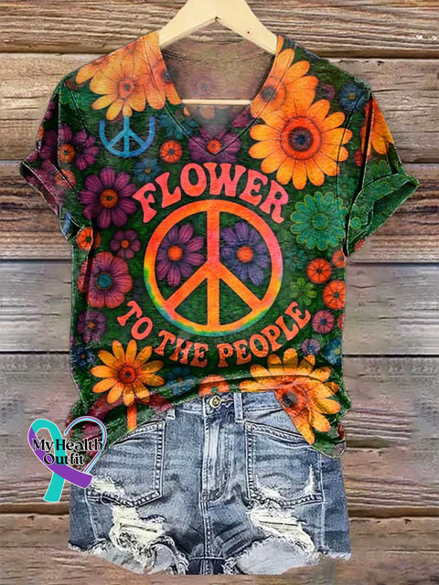 Women’s FLOWER TO THE PEOPLE Peace Sign Floral V-neck Casual T-Shirt Multicolor / S