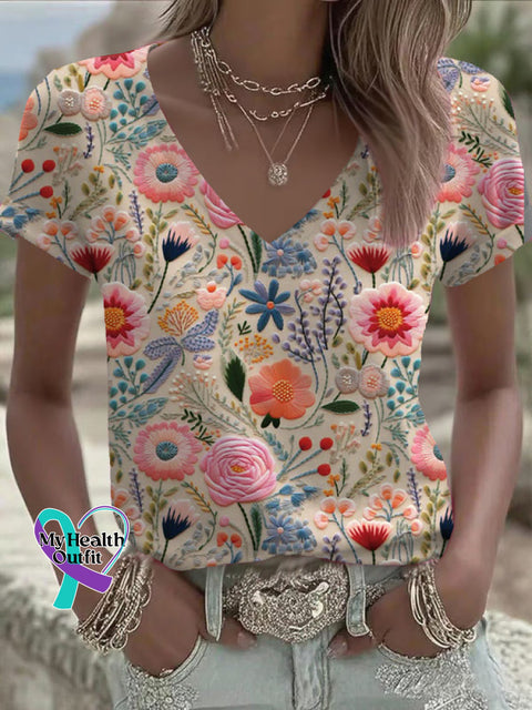 Women’s Flowers Breast Cancer Awareness Art V neck Casual T Shirt Multicolor / S