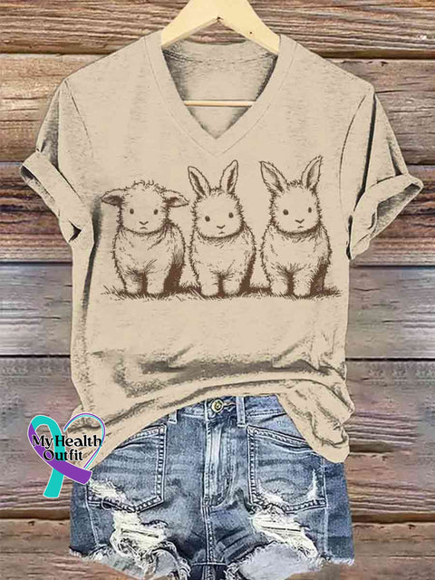 Women’s Fluffy Trio Funny Bunny And Lamb Art V-neck Casual T-Shirt Apricot / S