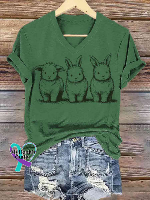 Women’s Fluffy Trio Funny Bunny And Lamb Art V-neck Casual T-Shirt Green / S