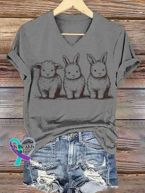 Women’s Fluffy Trio Funny Bunny And Lamb Art V-neck Casual T-Shirt Grey / S