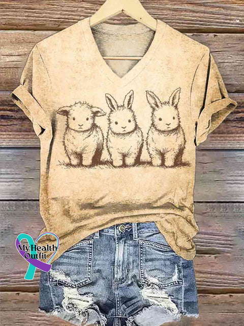 Women’s Fluffy Trio Funny Bunny And Lamb Art V-neck Casual T-Shirt Khaki / S