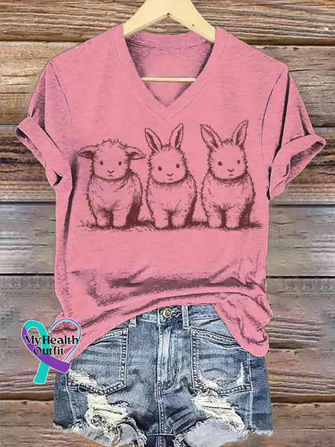 Women’s Fluffy Trio Funny Bunny And Lamb Art V-neck Casual T-Shirt Pink / S
