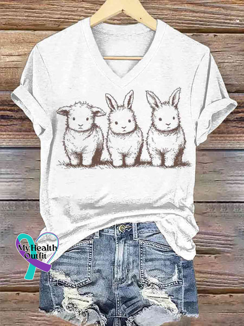 Women’s Fluffy Trio Funny Bunny And Lamb Art V-neck Casual T-Shirt White / S