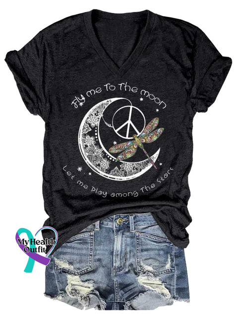 Women’s Fly Me To The Moon Let Me Play Among The Stars Dragonfly V-neck Casual T-Shirt Black / S