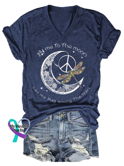 Women’s Fly Me To The Moon Let Me Play Among The Stars Dragonfly V-neck Casual T-Shirt Blue / S