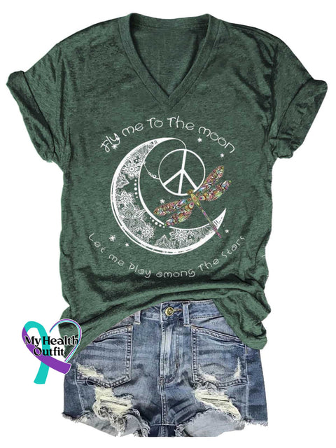 Women’s Fly Me To The Moon Let Me Play Among The Stars Dragonfly V-neck Casual T-Shirt Green / S