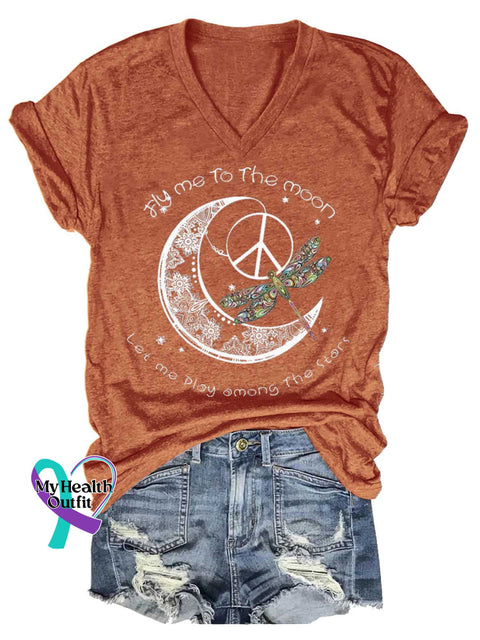 Women’s Fly Me To The Moon Let Me Play Among The Stars Dragonfly V-neck Casual T-Shirt Orange / S