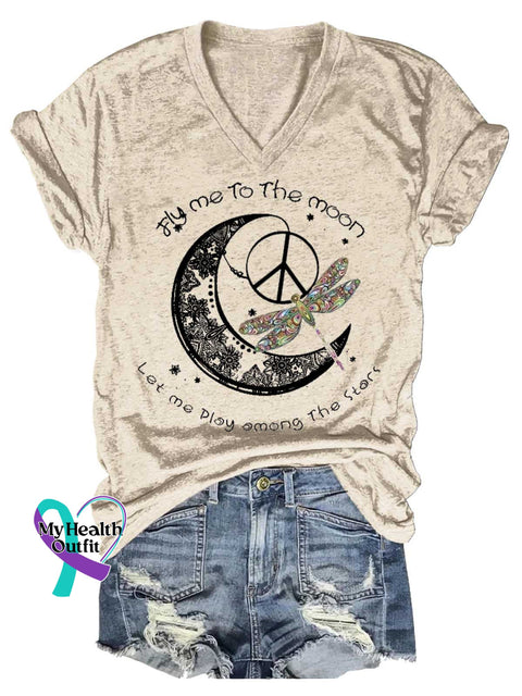Women’s Fly Me To The Moon Let Me Play Among The Stars Dragonfly V-neck Casual T-Shirt Sand / S