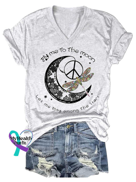 Women’s Fly Me To The Moon Let Me Play Among The Stars Dragonfly V-neck Casual T-Shirt White / S