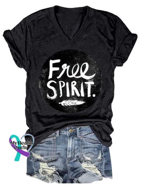 Women’s Free SPIRIT Feather V-neck Casual T-Shirt Black / S