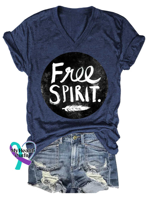 Women’s Free SPIRIT Feather V-neck Casual T-Shirt Blue / S