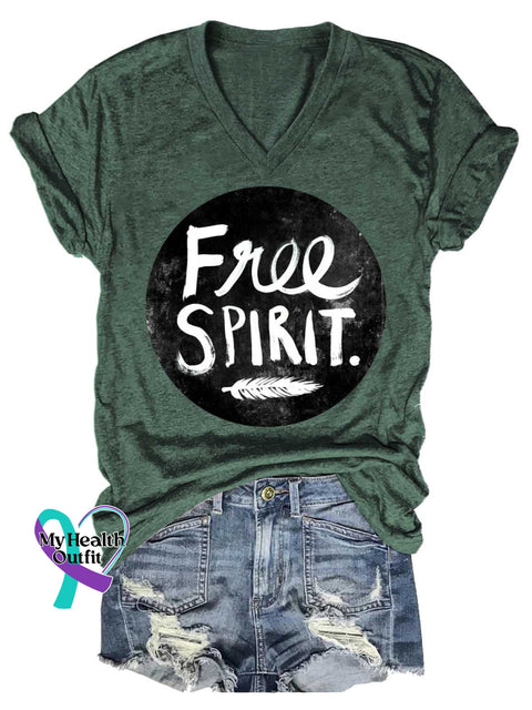 Women’s Free SPIRIT Feather V-neck Casual T-Shirt Green / S