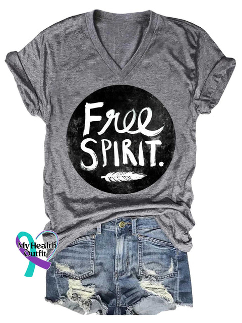 Women’s Free SPIRIT Feather V-neck Casual T-Shirt Grey / S