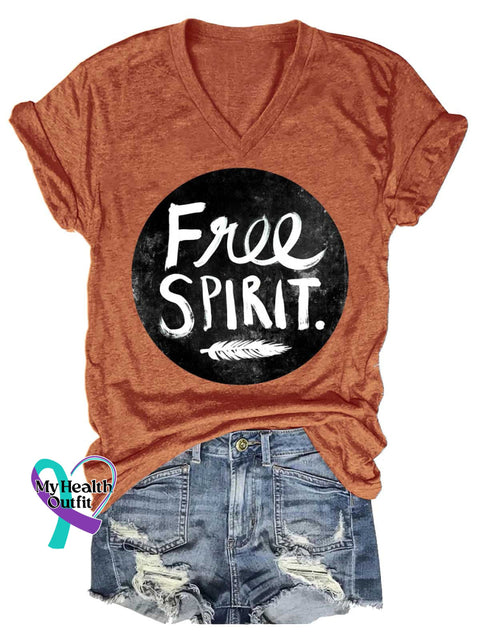 Women’s Free SPIRIT Feather V-neck Casual T-Shirt Orange / S