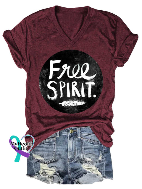 Women’s Free SPIRIT Feather V-neck Casual T-Shirt Red / S