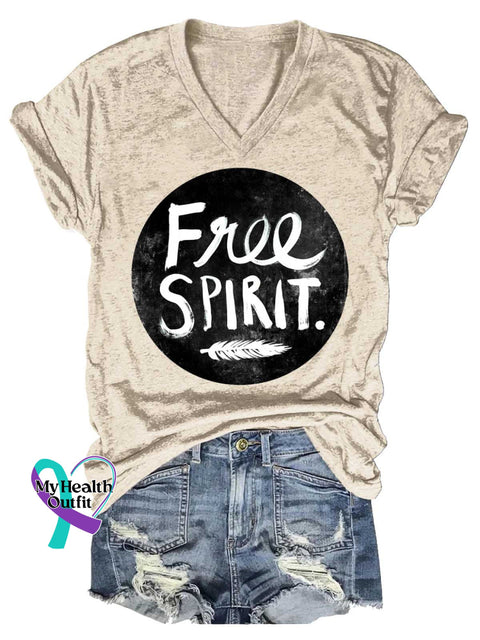 Women’s Free SPIRIT Feather V-neck Casual T-Shirt Sand / S