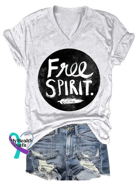 Women’s Free SPIRIT Feather V-neck Casual T-Shirt White / S