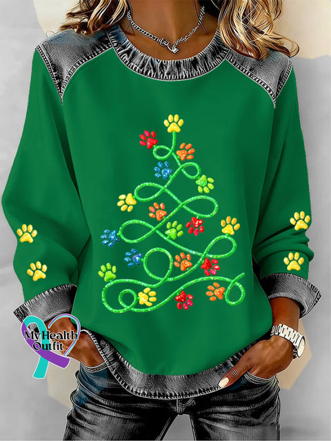 Women’s Fun Christmas Tree Animal Paw Print Casual Patchwork Sweatshirt Green / S