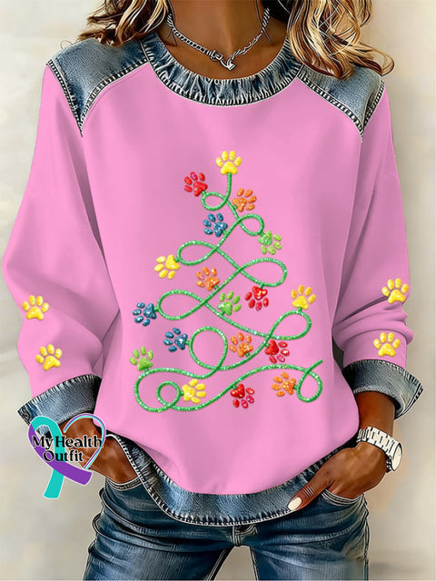 Women’s Fun Christmas Tree Animal Paw Print Casual Patchwork Sweatshirt Pink / S