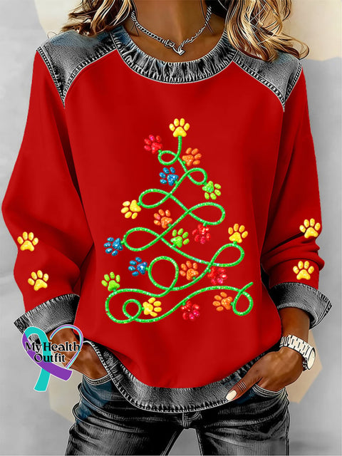 Women’s Fun Christmas Tree Animal Paw Print Casual Patchwork Sweatshirt Red / S