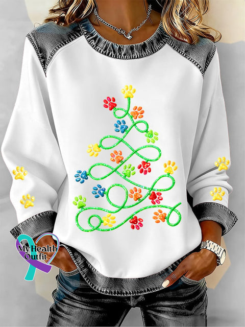Women’s Fun Christmas Tree Animal Paw Print Casual Patchwork Sweatshirt White / S