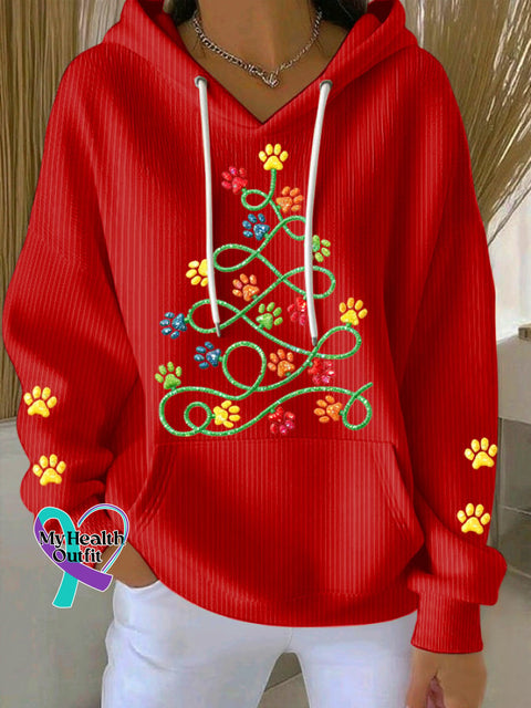Women’s Fun Christmas Tree Animal Paw Print Comfortable Hooded Sweatshirt Red / S