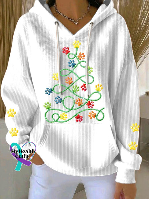 Women’s Fun Christmas Tree Animal Paw Print Comfortable Hooded Sweatshirt White / S