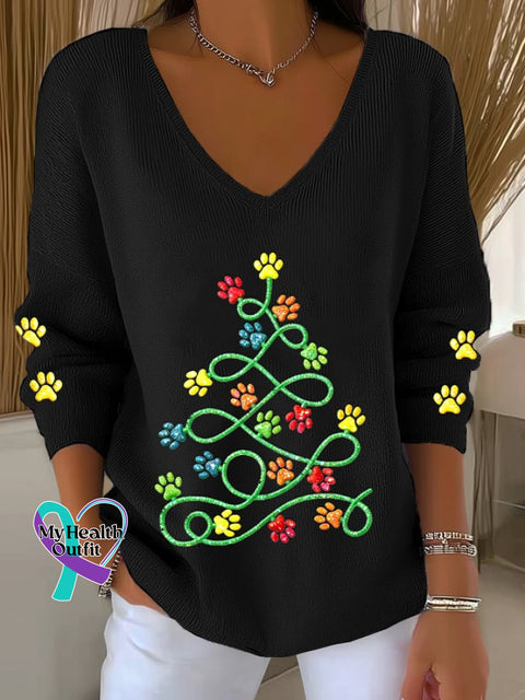 Women’s Fun Christmas Tree Animal Paw Print Knitted Comfortable Top Black / S
