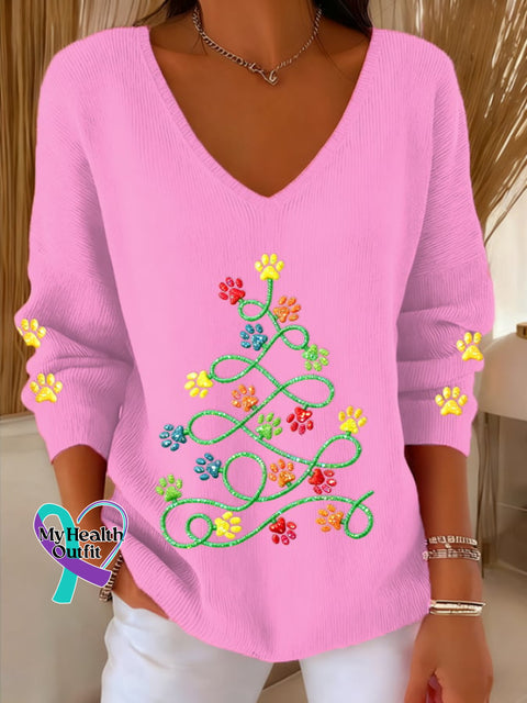 Women’s Fun Christmas Tree Animal Paw Print Knitted Comfortable Top Pink / S