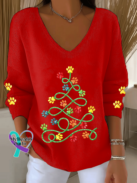 Women’s Fun Christmas Tree Animal Paw Print Knitted Comfortable Top Red / S