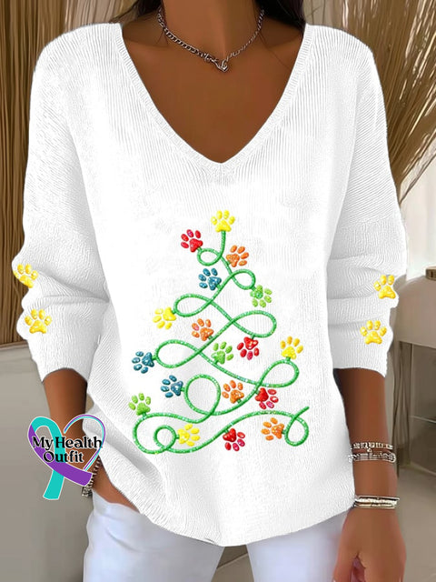 Women’s Fun Christmas Tree Animal Paw Print Knitted Comfortable Top White / S