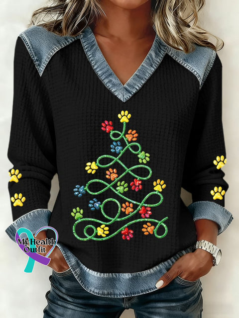 Women’s Fun Christmas Tree Animal Paw Print Waffle Casual Patchwork Denim Sweatshirt Black / S