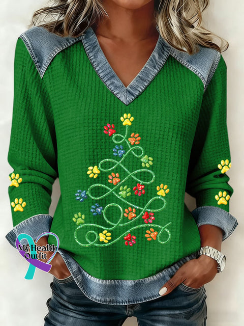Women’s Fun Christmas Tree Animal Paw Print Waffle Casual Patchwork Denim Sweatshirt Green / S