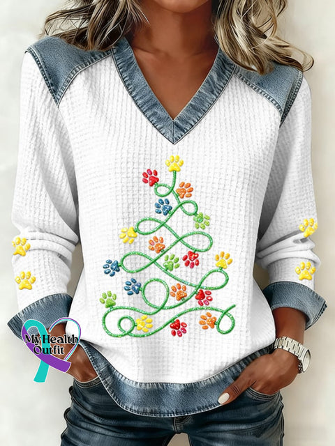 Women’s Fun Christmas Tree Animal Paw Print Waffle Casual Patchwork Denim Sweatshirt White / S