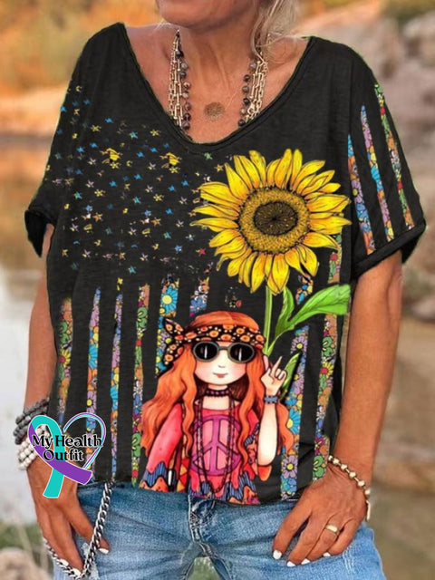 Women’s Fun Hippie Peace Flag Sunflower Print V-Neck T-Shirt Black / S