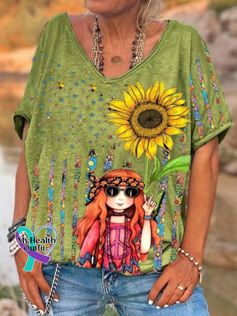 Women’s Fun Hippie Peace Flag Sunflower Print V-Neck T-Shirt Green / S