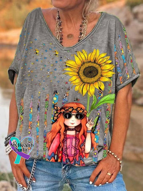 Women’s Fun Hippie Peace Flag Sunflower Print V-Neck T-Shirt Grey / S