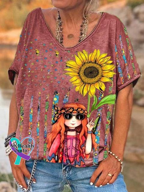 Women’s Fun Hippie Peace Flag Sunflower Print V-Neck T-Shirt Red / S