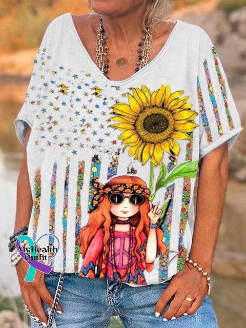 Women’s Fun Hippie Peace Flag Sunflower Print V-Neck T-Shirt White / S