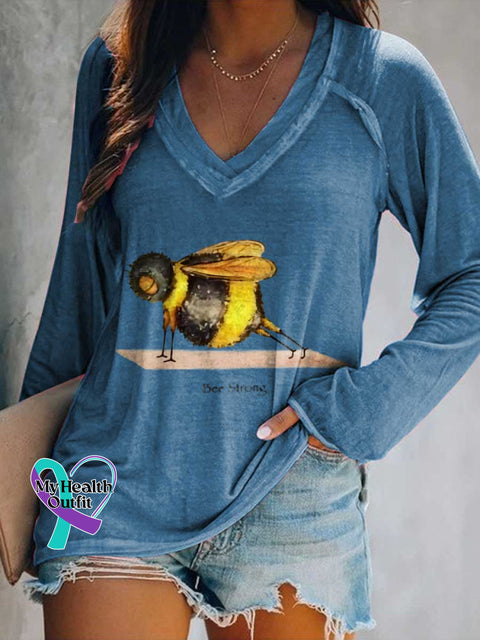 Women’s Funny Bee Strong Art Print Casual V-Neck Long Sleeve Top Blue / S