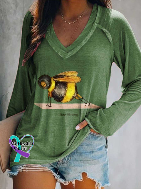 Women’s Funny Bee Strong Art Print Casual V-Neck Long Sleeve Top Green / S