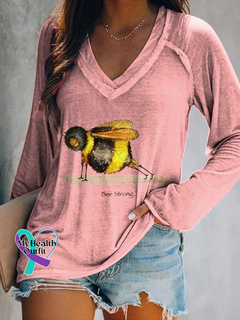 Women’s Funny Bee Strong Art Print Casual V-Neck Long Sleeve Top Pink / S