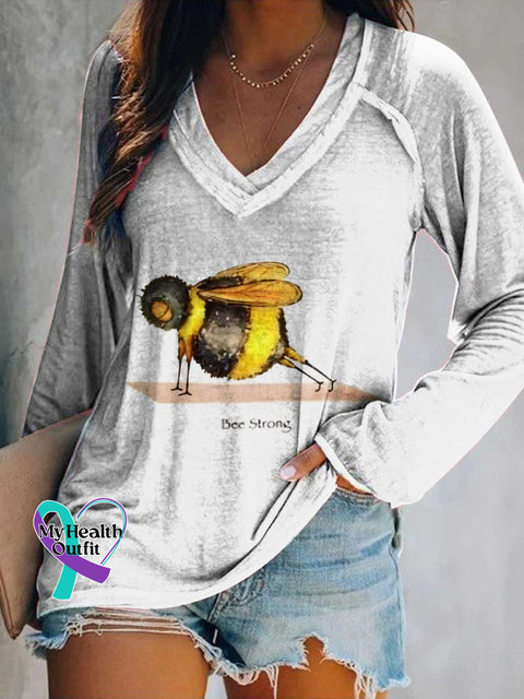 Women’s Funny Bee Strong Art Print Casual V-Neck Long Sleeve Top White / S